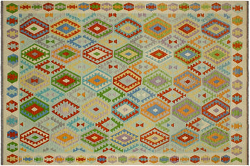Flat Weave Kilim, Antique, Navaho, Vintage, Handmade, Geometric Kilim Blue Beige Hand-Woven Rectangle 100% Wool Area Rug 8 x 10
